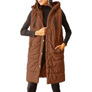 Women's Long Quilted Puffer Vest Hooded Button Down Padded Coats Jacket